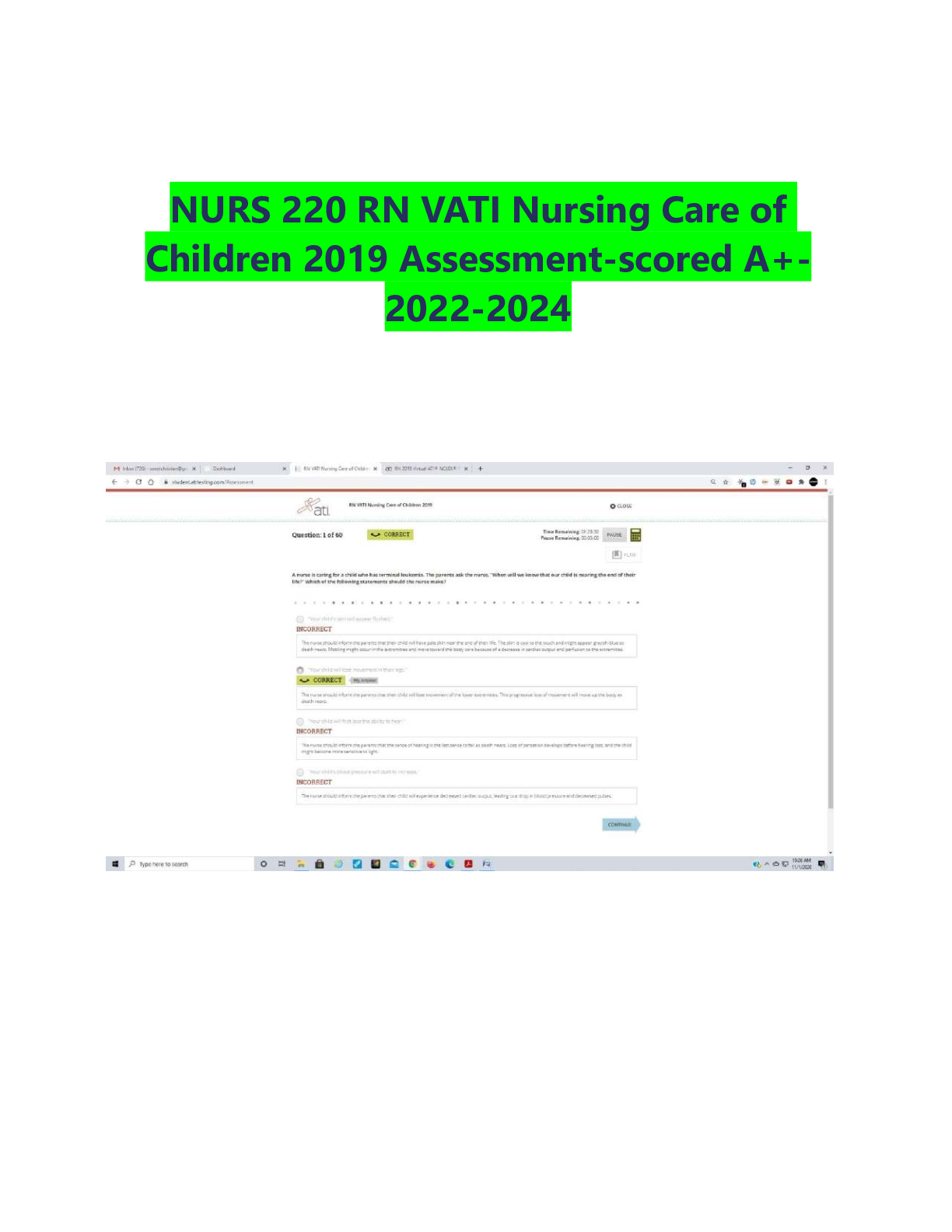 Preview of NURS 220 RN VATI Nursing Care of Children 2019 Assessment-scored A+-2022-2024